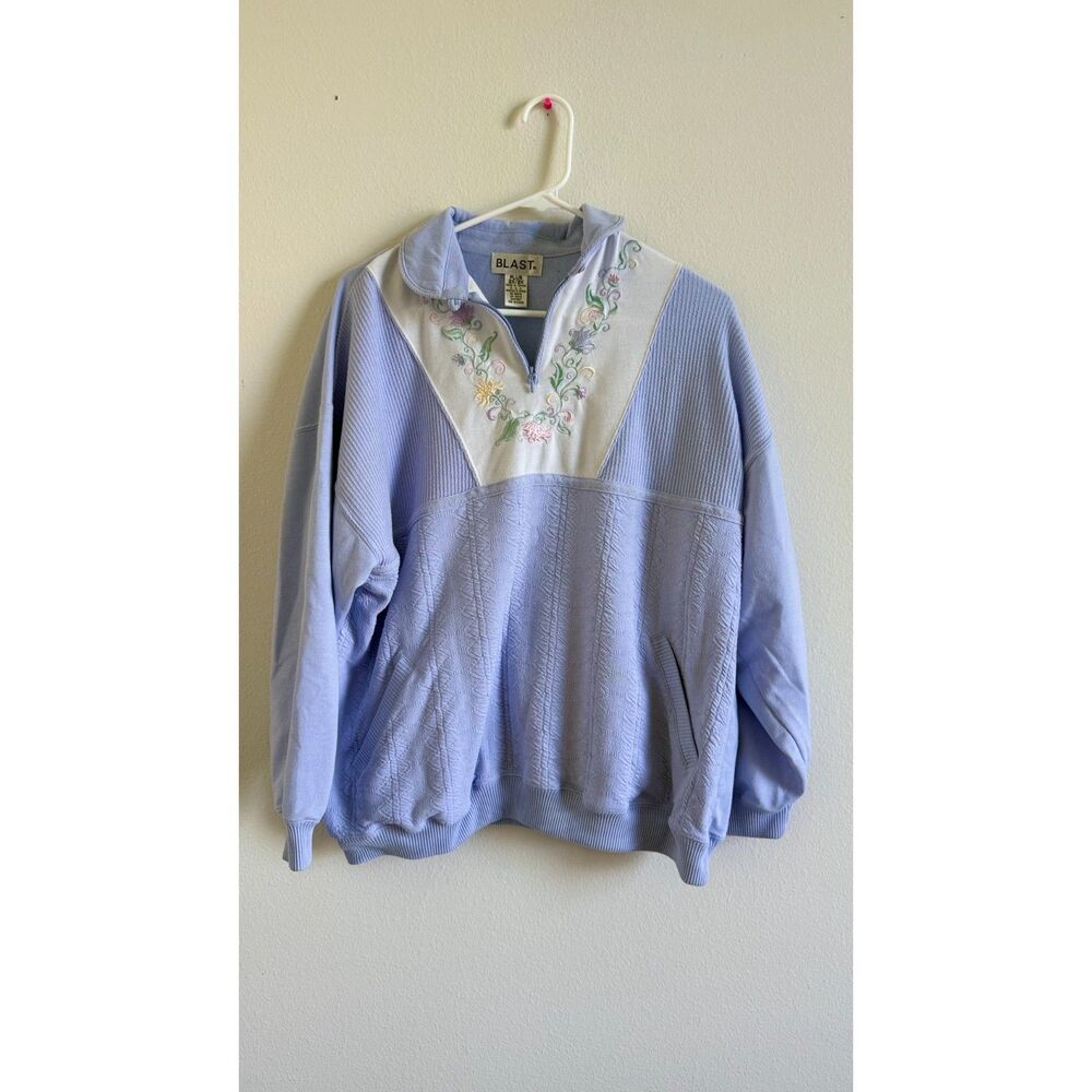 Vintage Blast Sweatshirt Womens 2X Pastel Blue Floral Embroidered Quarter Zip